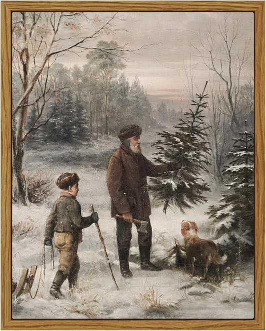 ARPEOTCY Vintage Framed Canvas Wall Art, 8x10 Inch, Farmhouse Christmas Tree Winter Holiday Wall Decor for Living Room, Forest Painting for Bedroom, Art Prints for Office, Christmas Gifts