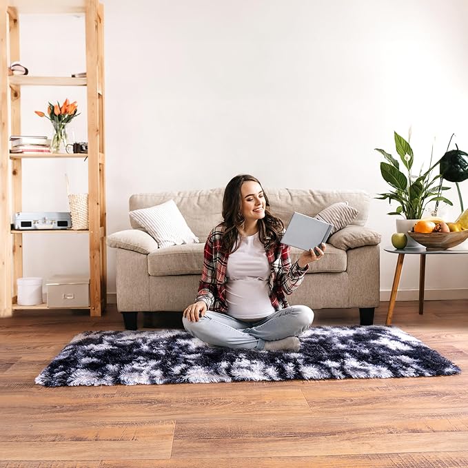 Runner Rugs for Bedroom 2x6 Soft Shag Bedside Rug, Fluffy Area Rug Throw Rugs for Living Room, Floor Carpet Runner for Nursery Kids Dorm Home Decor, Black and White