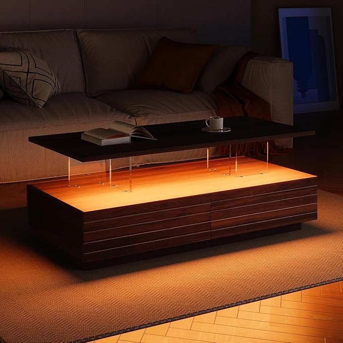 LED Coffee Table with 2 Large Drawers, 47.2" Multi-Color Adjustable Lighting & Ample Storage for Magazines for Living Room, Modern Rectangular Sturdy Engineered Wood Tea Table for Furniture, Walnut