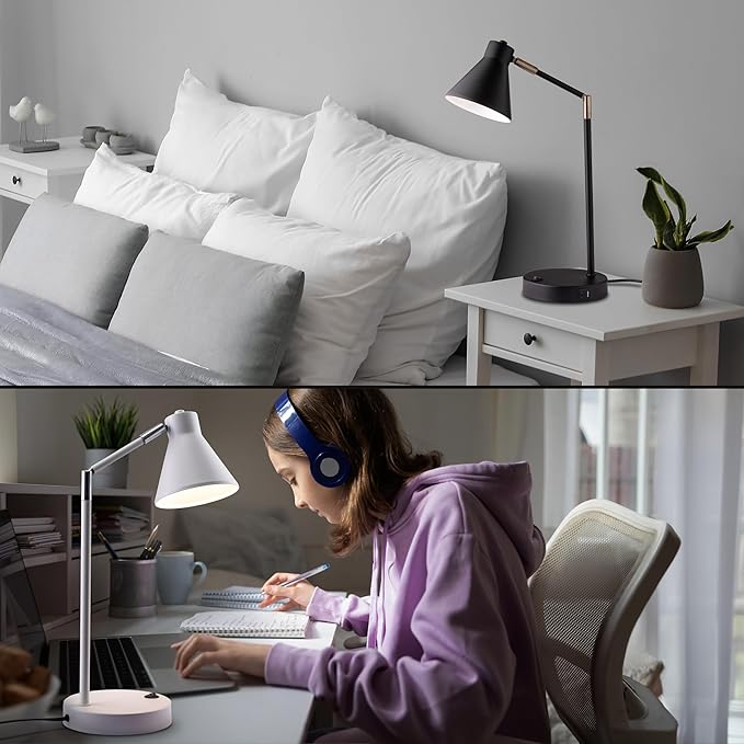 O'Bright Astrum - LED Desk Lamp with Dual USB Charging Ports, 100% Metal, 270 Degree Swivel Arms, Soft White Light (3000K), Bedside & Home Office Table Lamp, ETL Listed, Antique Brass Finish