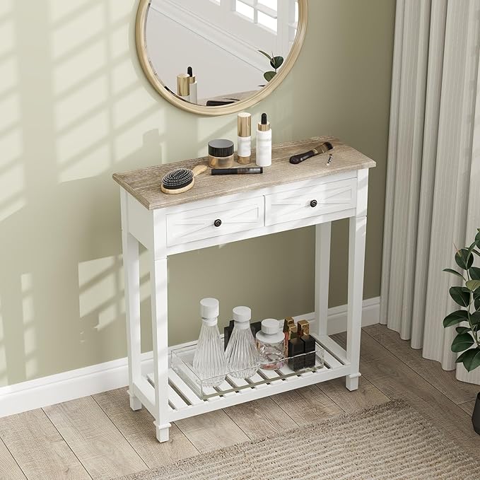 kinbor Entryway Table - White Console Table with 2 Drawers, Narrow Small Console Table with Storage Shelf for Entryway, Living Room, Hallway, White