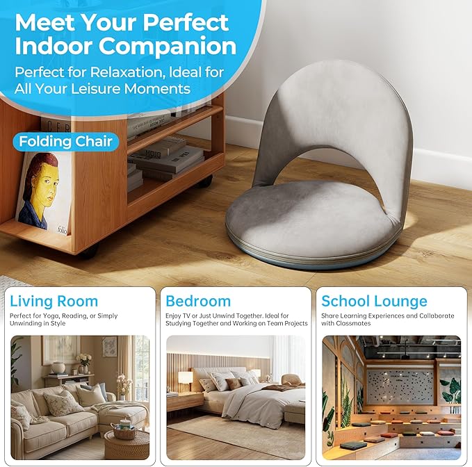 Floor Chair, 5-Position Foldable Floor Chair for Kids with Adjustable Back, Soft Sponge & Velvetean Cover, for Adults and Kids, Indoor Outdoor Use, Meditation, Gaming, Camping (Gray)