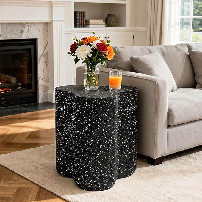 18” Outdoor Side Table, Durable Lightweight MGO Faux Terrazzo Patio Accent Table, Outdoor Modern Coffee Table, 3-in-1 Weatherproof End Table Garden Stool for Garden, Balcony,Poolside,Black