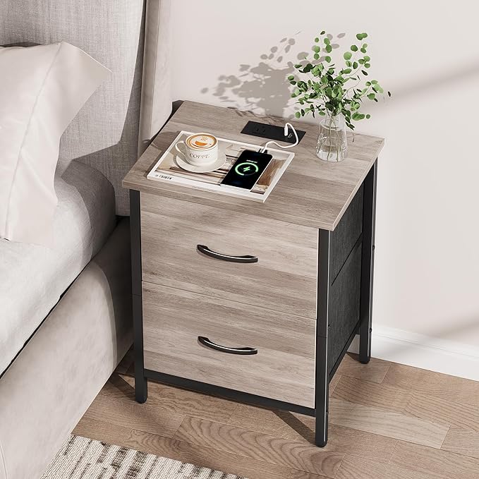 Vagusicc Nightstand Set of 2 with Charging Station, End Table Bedside Table with Power Outlet & USB Ports, Side Table with 2 Fabric Drawers for Bedroom, Living Room, Greige