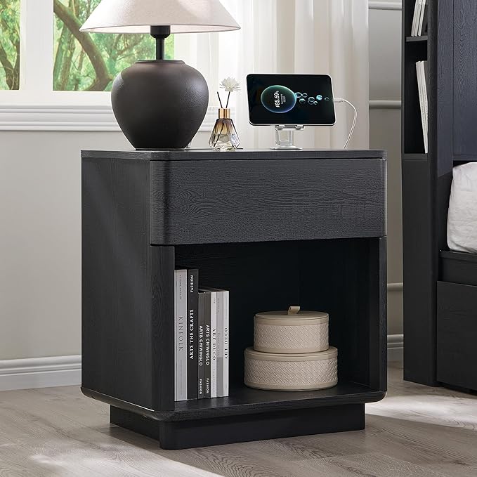 ACCOHOHO Modern Nightstand with Charger Station, 22" Wide Night Stand with Storage Drawer & Open Shelf, Large Bedside Table for Bedroom, Wood End Table, Curved Profile, Black