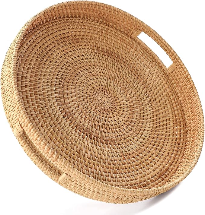 HITOMEN 11.8" Hand-Woven Round Rattan Serving Tray Decorative Wicker Trays with Handles for Coffee Table (Natural-M)