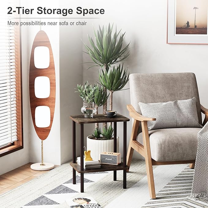 Apicizon 2 Tier End Table Set of 2, Small Side Table with Solid Wood Legs, Boho Bedside Table with Storage Shelf, Nightstand for Small Spaces, Bedroom, Living Room, Entryway, Rustic Oak