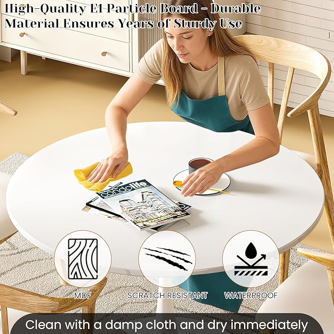 DKLGG White Round Dining Table, 39.1" Tulip Kitchen Dining Table for 4-5 People with MDF Table Top & Pedestal Base, Mid-Century End Living Room Table