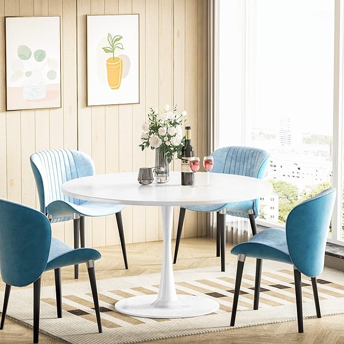 DKLGG White Round Dining Table, 42.1" Tulip Table Kitchen Dining Table 4-6 People with MDF Tabletop & Pedestal Base, Mid-Century End Leisure Coffee Office Living Room Table