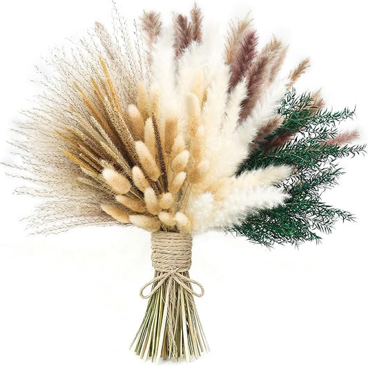 100 PCS Pampas Grass (Vase Not Included), Dried Flowers Bouquets, Wedding Table Decor, Bedroom, Rustic Farm Decor.(Green)