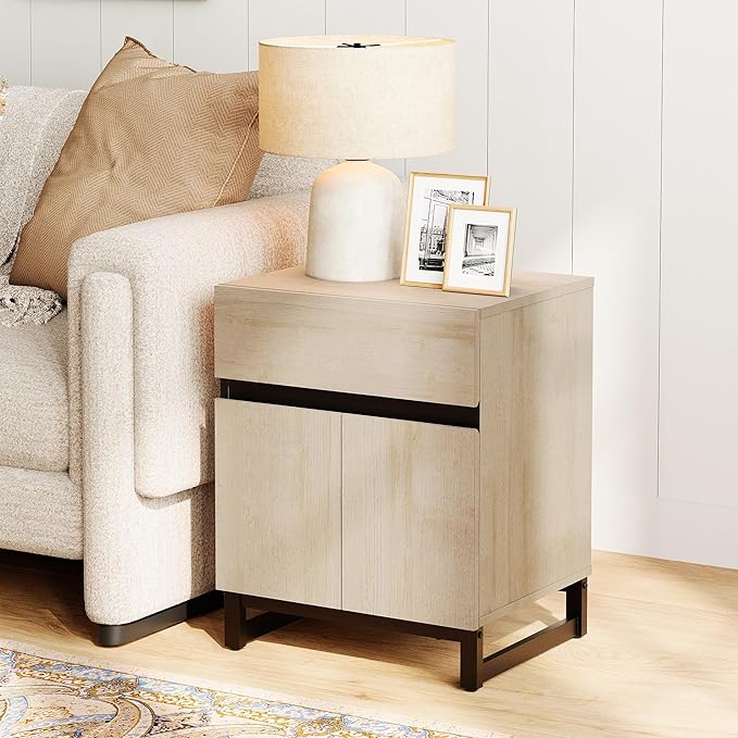 WAMPAT 2 Pack Modern End Table with 1 Drawer & 1 Storage Cabinet, Farmhouse Sofa Table with 2 Open Door, Wood Rustic Side End Table for Living Room, Nighstand for Bedroom, Light Oak