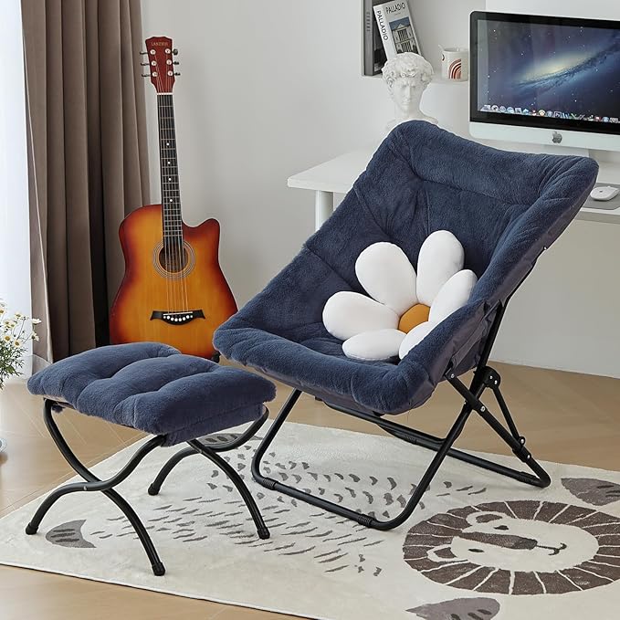 Comfy Folded Chair with Ottoman, Oversized Folding Faux Fur Chair Soft Furry Lounge Lazy Chair with Metal Frame Moon Chair Accent Chair for Bedroom, Living Room, Dorm Rooms