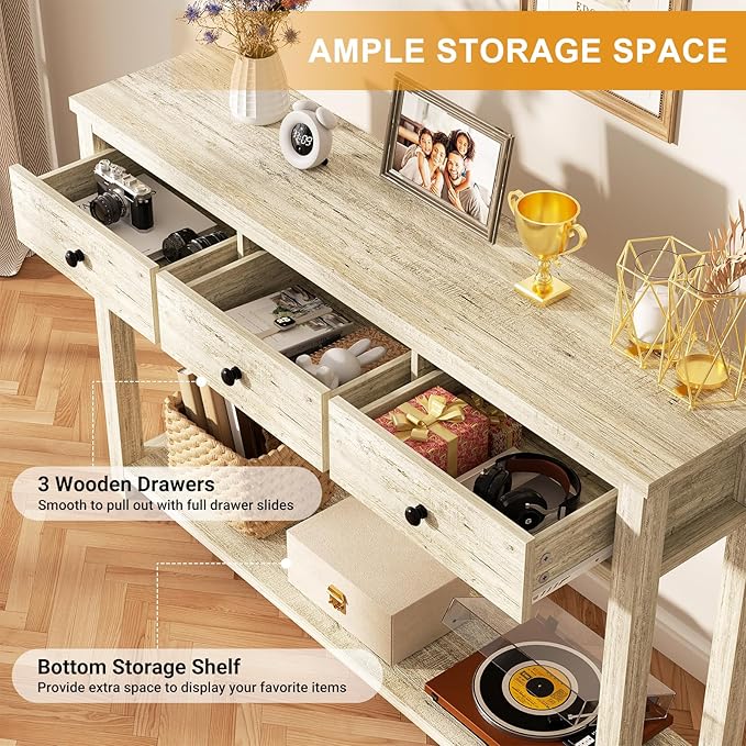 Homieasy Farmhouse Console Table with 3 Drawers, 47 Inch Wood Sofa Table with Storage Shelf for Living Room, Behind Couch, Entryway Table for Hallway, Living Room, or Foyer, Light Rustic Oak