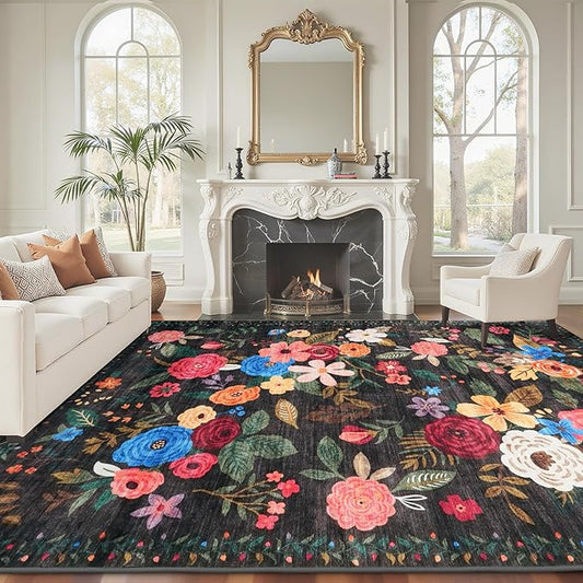 Black Area Rugs 9x12 Living Room Washable Rug Non Slip Floral Low Pile Large Rug for Living Room, Bedroom, Farmhouse, Dining Room, Kids Playroom(9 x 12, Black Lawn)