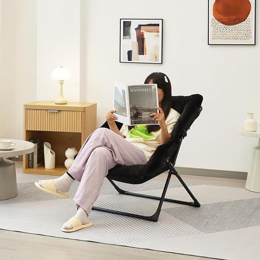 Comfy Saucer Chair for Adults, Soft Faux Fur Bedroom Chair with Ottoman, Accent Dorm Chairs, Living Room Reading Chairs and Footstool, Folding Lounge Seat for Teens, X-Large, Black
