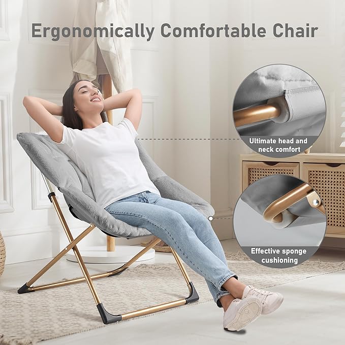 Comfy Oversized Saucer Chair, Soft Faux Fur Reading Lounge Chair for Adults, Stable X-Large Metal Frame and Non-Slip Pad, Foldable Cozy Chairs for Bedroom, Living Room, Dorm, Light Gray