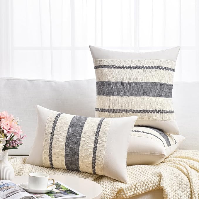 Fancy Homi Set of 2 Neutral Grey Farmhouse Lumbar Decorative Throw Pillow Covers 12x20 Inch for Couch Bed Chair, Vintage Country Rustic Retro Room Decor, Soft Thick Cotton Rectangle Cushion Case