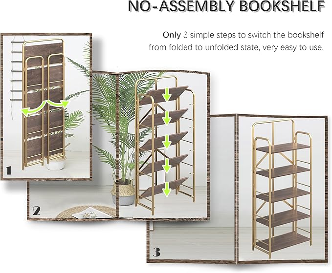 4NM No Assembly Folding Bookshelf, 5 Tiers Collapsible Book Shelves Open Industrial Foldable Storage Bookcase Shelf for Bedroom, Living Room, Home Office - Brown and Gold