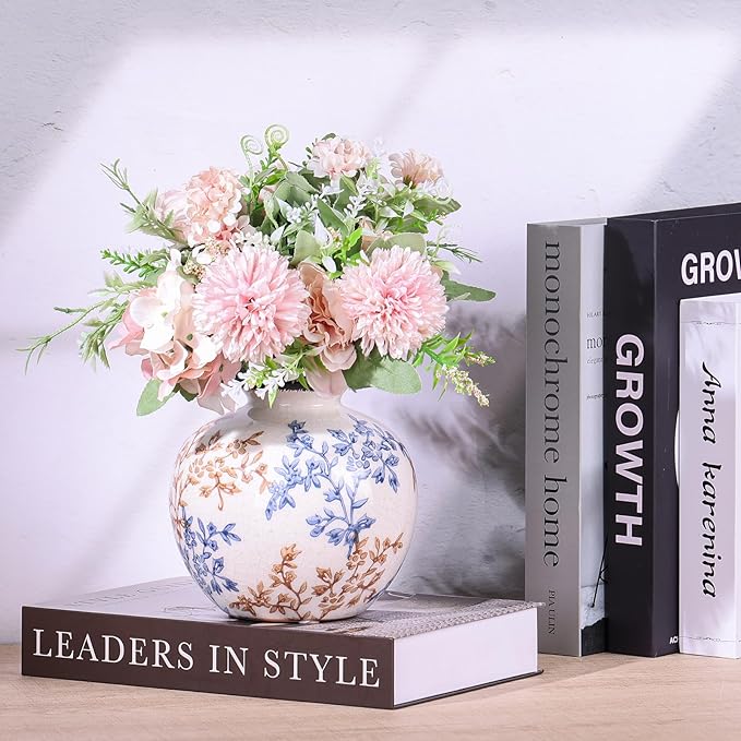 Vintage Blue and White Brown Round Vase, Chinoiserie Porcelain Blue Floral Vase, Mid Century Modern Pottery Flower Vases for Bouquet and Home Rustic Farmhouse Dining Table Decor