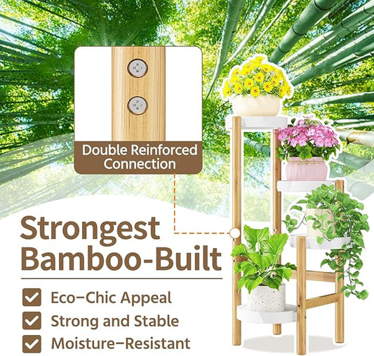 LASZOLA Bamboo White 4 Tier Heavy Duty Plant Stand Indoor, Tall Multiple Level Vertical Planter Rack for Modern Narrow Corner, Slim Spiral Flower Holder Organizer Display for House Decor, Plastic Tray