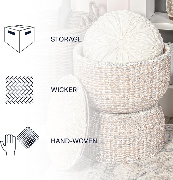 happimess SAT1000C Bhola 18" Hourglass Handwoven Hyacinth Storage Accent Table with Lid for Storage and Decoration in Bedroom, Living Room, Kitchen, Dining Room, Entryway, Guestroom, White Wash
