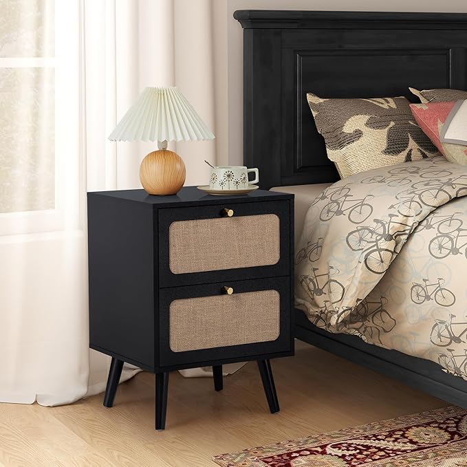 16" Wooden Nightstand with 2 Storage Drawer, Farmhouse Bedside End Table with Linen Decor, Modern for Night Stand Bedroom, Living Room & Small Spaces (Black)