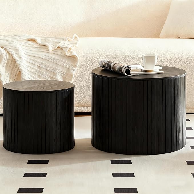 19.17" Nesting Coffee Table with Storage, Wooden Coffee Tables Set of 2, Circle Side Table for Small Spaces, Accent End Table for Living Room, Apartment, Office, Dorm.(Black)