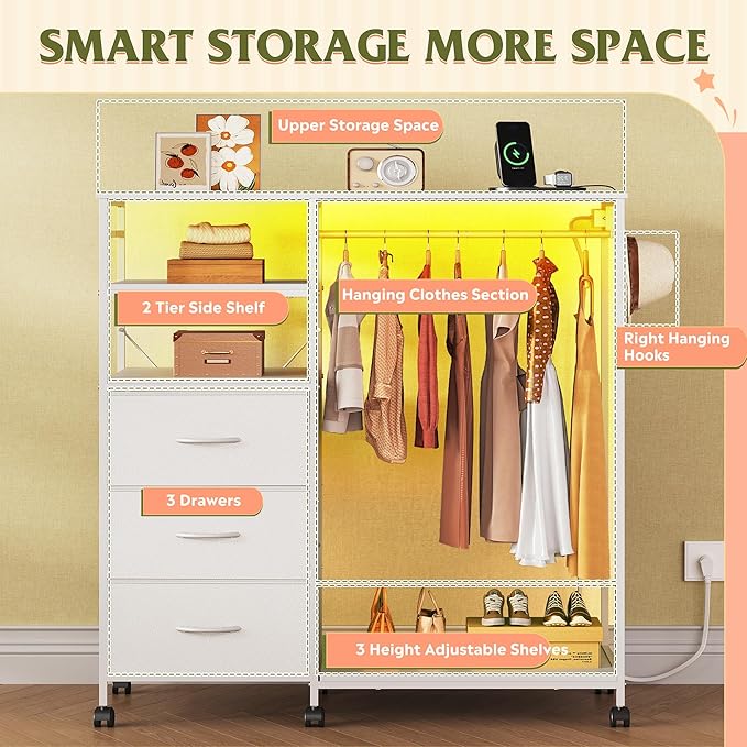 WLIVE White Dresser with Hanging Rack for Bedroom, 3 Drawer Dresser with LED Lights & Charging Station, Fabric Dressers & Chest of Drawers, Storage Organizer with Open Shelves for Living Room