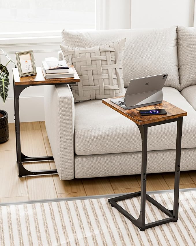C-Shaped Side Table for Couch - Small Coffee Stand Sofa Tray Desk with Metal Frame and Waterproof Scratch Resistant, Modern End Accent for Living Room, Bedroom, Set of 2, Rustic Brown