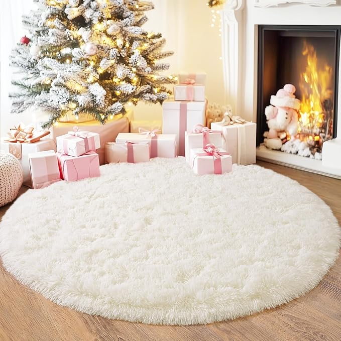 5'x5' Cream Round Rugs for Girls Bedroom, Ultra Soft Fluffy Circle Rug for Kids Room, Cute Shag Rugs for Living Room Playroom Tent Castle Home Decor Rug