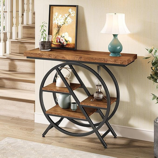 LITTLE TREE Console Table for Entryway, 39.37" Sofa Table Behind Couch, Wooden Industrial 4-Tier Narrow Accent Table with Metal Frame for Entrance, Living Room, Hallway, Foyer