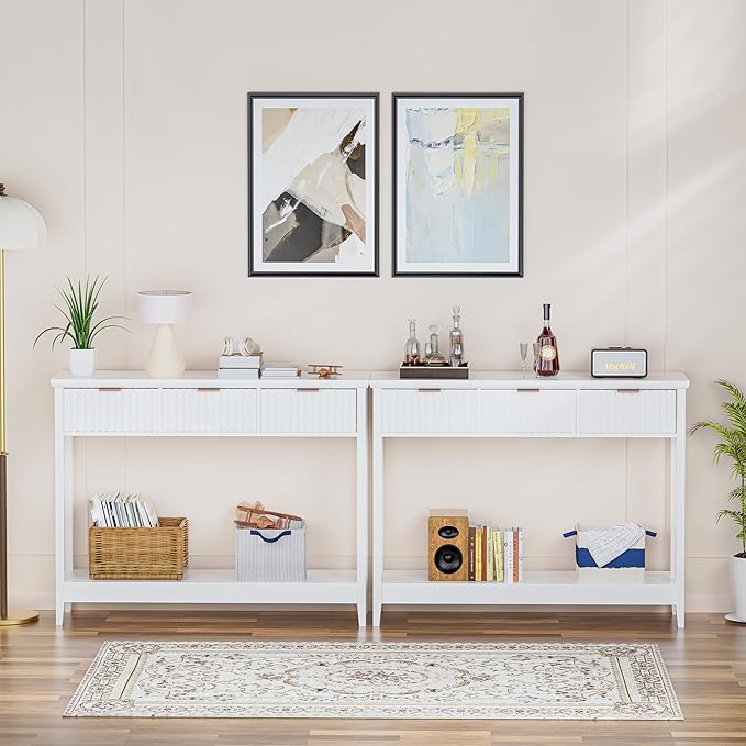 51 inch Entryway Table with Storage, Narrow Console Table with 3 Drawers, Modern Sofa Table with Open Storage Shelf for Living Room, Foyer Hallway, White
