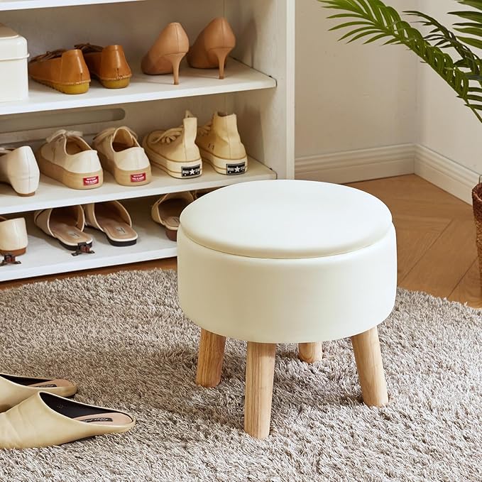 IBUYKE 13 Inch Foot Stool Ottoman with Storage, Round Small Foot Rest with Padded Seat and Wood Legs, PU Faux Leather Mini Footstool for Living Room Couch Bedroom Entryway, Beige WBD023W