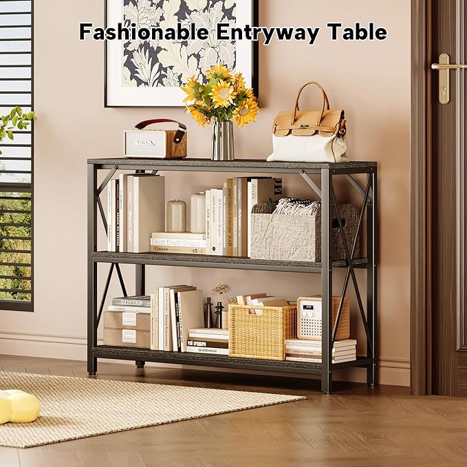 Homeiju Entry Table 40" Width, 3-Tier Entryway Table with Storage, Industrial Sofa Table with Open Shelves, Foyer Tables for Entryway, Hallway, Kitchen, Living Room and Bedroom, Black