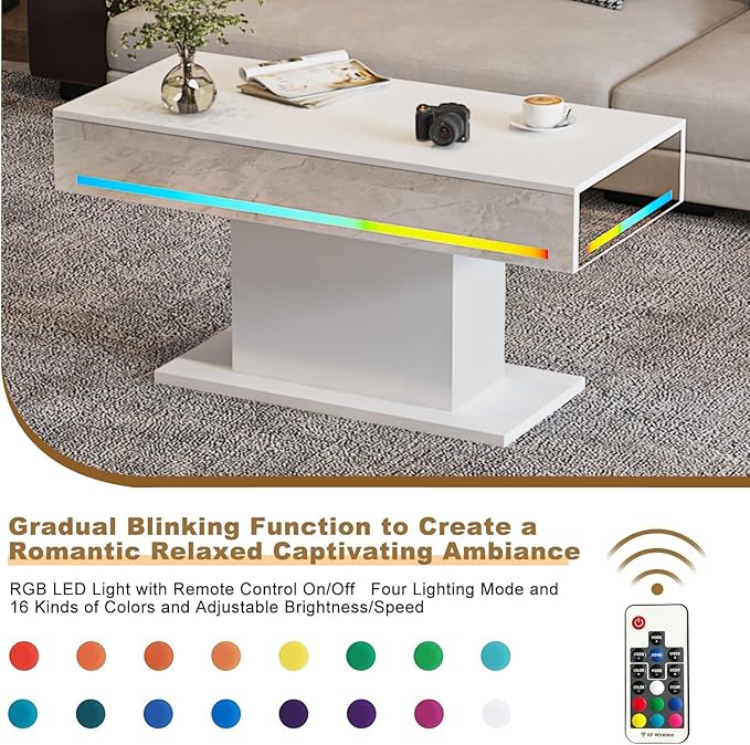 Led Coffee Table for Living Room, Living Room Table Rectangular Center Table, Modern Wooden Coffee Tables with 16 Colors LED Lights for Dining Reception Room