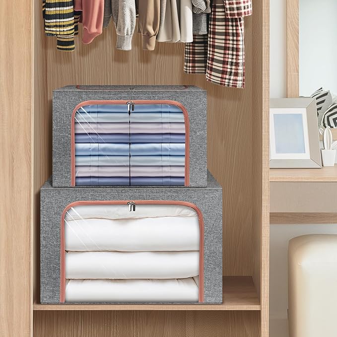 3 Pack Foldable Storage Bins with Metal Frame, Large Capacity Stackable Clothes Organizer with Clear Window & Carry Handles, Linen Fabric Storage Boxes for Closet (Gray, 3PCS-Large-66L)