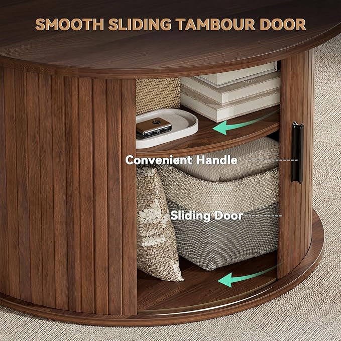 FABATO Round Lift Top Coffee Table, Fluted Wood Accent Coffee Table with Hidden Storage and Open Shelves, Drum Table with Sliding Rolling Door, Small Center Table Dining Table for Living Room, Walnut