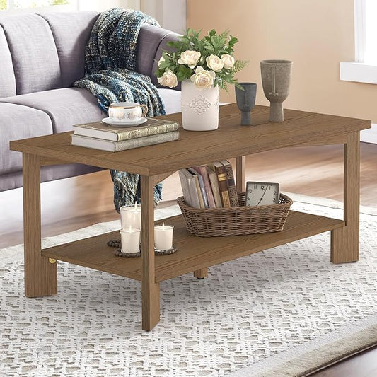 Rectangle Coffee Table, 39" Rectangle Rustic Modern Tea Table, Sofa Table with 2-Tier Storage Shelf for Living Room,Dark Wood