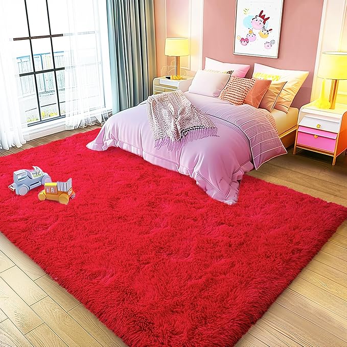 8x10 Large Area Rugs for Living Room, Ultra Fluffy Shag Rug for Bedroom, Modern Plush Soft Carpet for Girls Boys Kids Room Dorm Fuzzy Non Slip Rug for Home Decor Aesthetic, Red