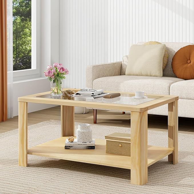 Tangkula 2-Tier Coffee Table, Rectangular Center Table with Tempered Glass Tabletop & Storage Shelf, Farmhouse Wooden Accent Table with Rounded Corners for Living Room (Natural)