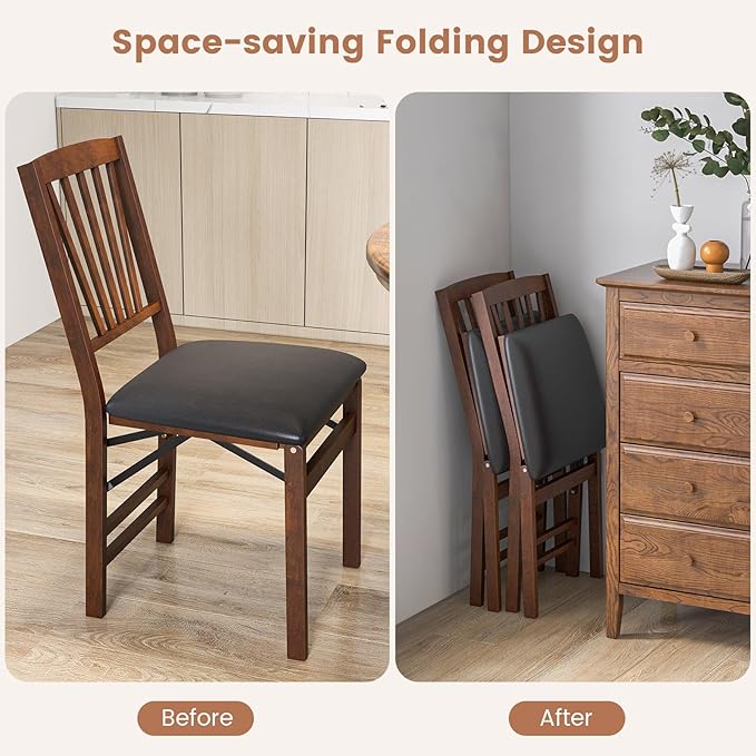 Folding Chairs Set 2, Wooden Foldable No Assembly Chair-Set with Padded Seats, Solid Wood Frame, 400 lbs Weight Capacity, Space Saving Dining Chairs for Small Space, Guests Kitchen (2, Slatted Back)