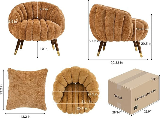 Accent Chair, Modern Barrel Chair with Solid Wood Legs, Cozy Single Sofa Chair, Upholstered Armchair for Makeup Vanity, Living Room, Caramel