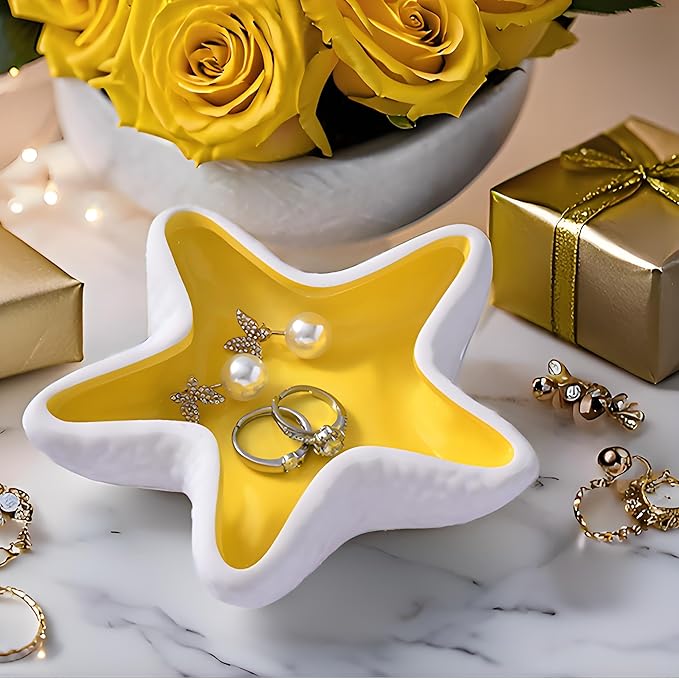 Ceramic Starfish Jewelry Tray, Shell Trinket Dish, Ocean-themed Ring Holder Dish Decorative Tray for Earrings Necklaces Bracelet Watch Key, Yellow Room Decor for Gift