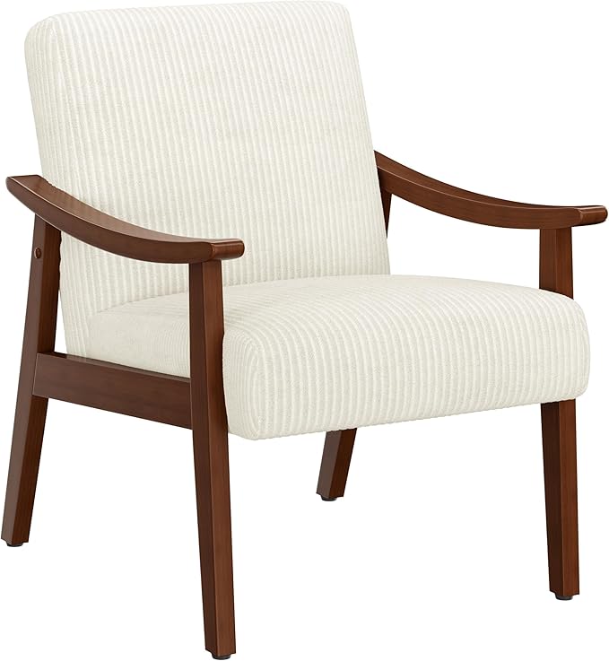 Yaheetech Corduroy Accent Chair, Mid-Century Modern Armchair with Solid Wood Legs, Reading Leisure Chair with High Back for Living Room Bedroom Waiting Room Beige