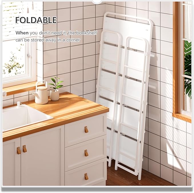 4NM No Assembly Folding Bookshelf, 5 Tiers Collapsible Book Shelves Open Industrial Foldable Storage Bookcase Shelf for Bedroom, Living Room, Home Office - All White