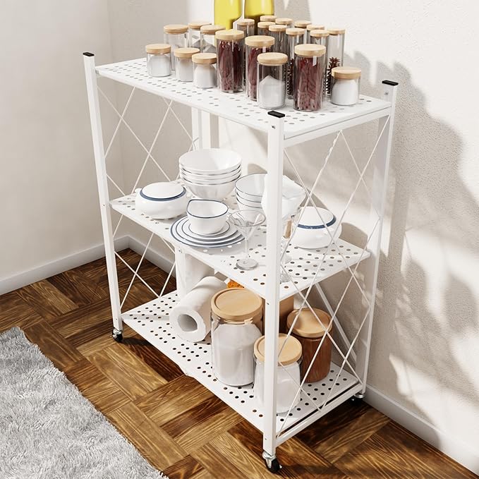 3 Tier Foldable Storage Shelf with Wheels, Heavy Duty Garage Shelving Unit Loads 550 LBS, Metal Steel Collapsible Shelves, Rolling Standing Utility Rack for Kitchen, Pantry, Office, White
