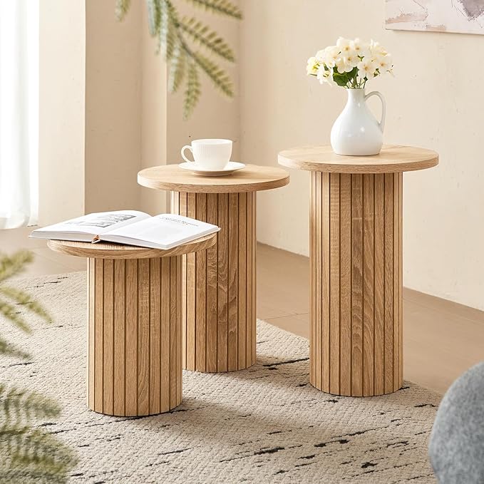 3-Piece Nesting Coffee Table Set, Modern Small Round Wood Side Tables, Fluted Drum Base, for Living Room Bedroom Apartment Small Space, Natual