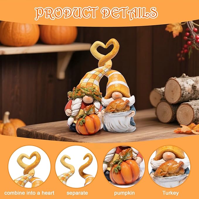 Hodao Thanksgiving Decorations for Table, Resin Fall Thanksgiving Gnome Figurines with Turkey, Pumpkin & Heart, Festive Gift for Autumn Home Decor - 2 Pcs