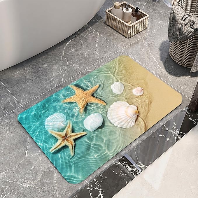 Bath Rugs Sponge Foam Absorbent Soft for Bathroom and Kitchen (21X35.5 inches), Flannel Mat Non Slip Bright 3D Print for Bedside and Living Room(Scallop Starfish)