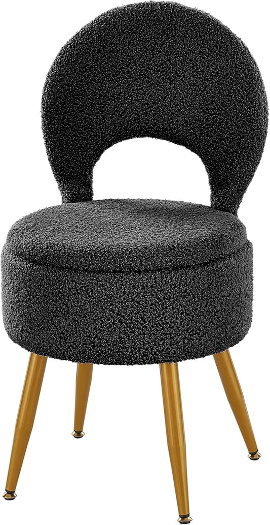 Vanity Stool with Storage and Backrest, Folding Back & Velvet Seat, Footrest, Round Ottoman with Sherpa, Vanity Chair with Storage, Ideal for Bedroom, Living Room, and Makeup Stations
